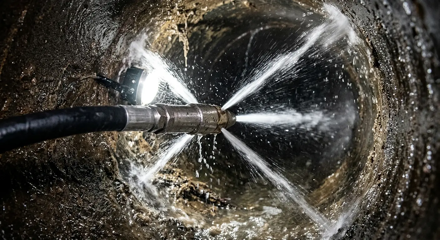 High-pressure hydro jetting nozzle cleaning sewer pipe for Sewer Cleanout in Cloverdale