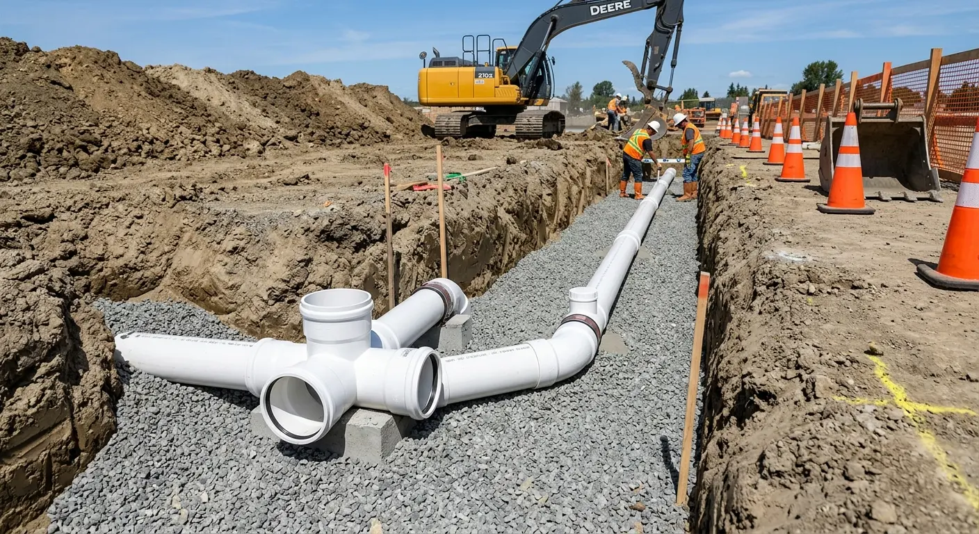 New PVC sewer pipe installation in open trench for Sewer Backup in Cloverdale
