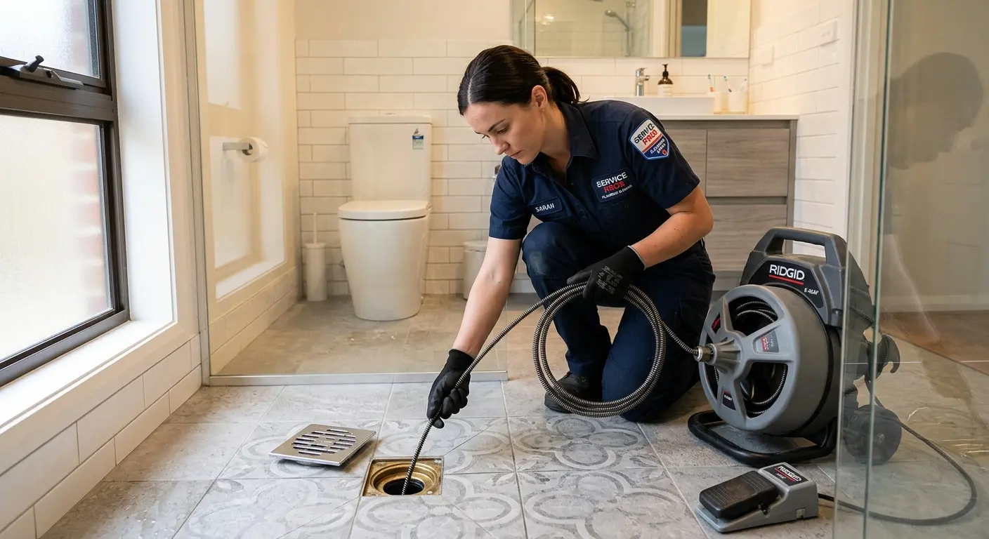 Technician clearing a bathroom floor drain for Drain Cleaning in Cloverdale